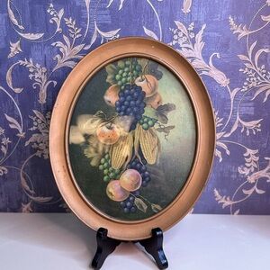 Vintage Estate Fruit Still Life Print in Oval Tin Frame